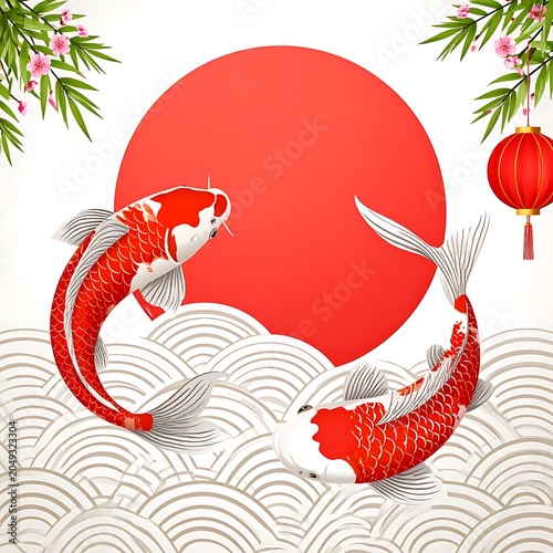 A vibrant illustration of two koi fish swimming in waves