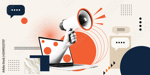 Foto Hand Holding Megaphone Coming Out of Laptop Screen Halftone Collage Digital Mark