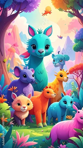 A vibrant forest scene with cartoon animals and plants