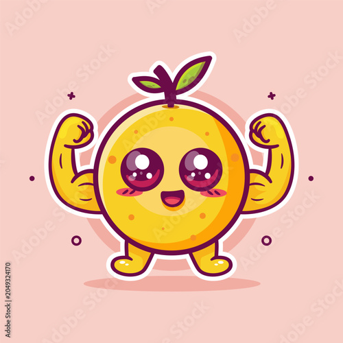 Strong orange fruit cartoon character mascot showing muscular biceps