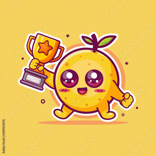 Cute orange fruit cartoon character mascot holding golden trophy