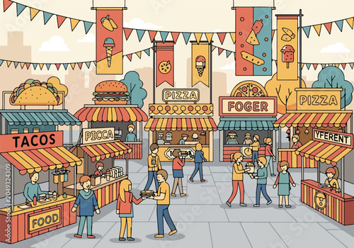 Schilderij op canvas A bustling outdoor food market with various stalls
