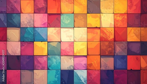 A vibrant mosaic of multicolored squares on a white background