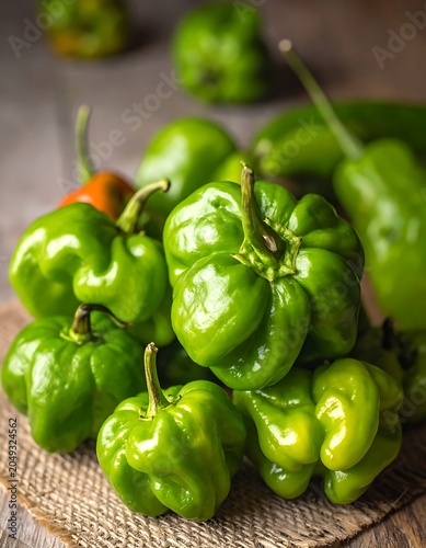 A vibrant bunch of green bell peppers on a rustic surface