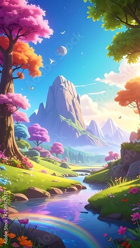 A vibrant, cartoon landscape with a river and rainbow
