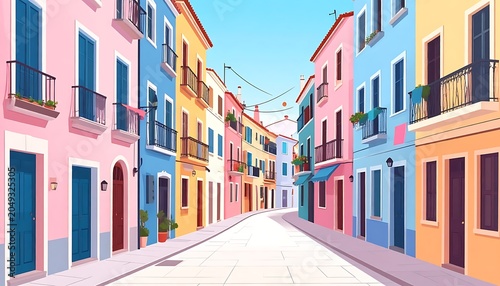 A vibrant, cartoonish depiction of a narrow street lined with colorful buildings