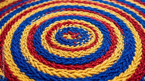 Vibrant colorful spiral woven rug on the floor with blue red and yellow concentric circles pattern