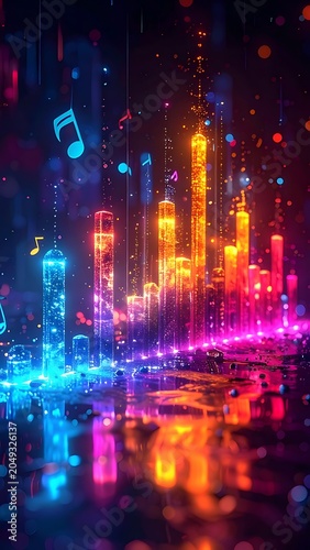 A vibrant cityscape with neon lights at dusk