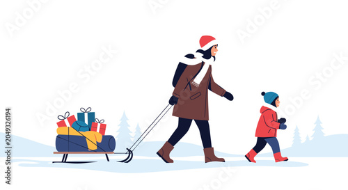 Happy woman pulling a wooden sled filled with colorful gift boxes while walking with a young child through a snowy winter landscape.
