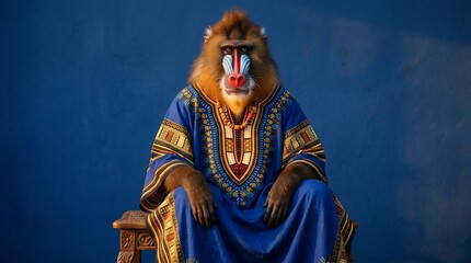 A regal mandrill monkey dressed in traditional African attire sitting on a chair.