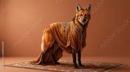 A regal maned wolf wearing an ornate embroidered robe on a decorative rug.