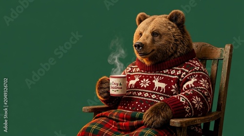 A Cozy Brown Bear Sitting in a Rocking Chair Drinking Hot Coffee.
