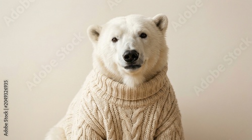 A cute polar bear wearing a cozy beige knitted sweater.