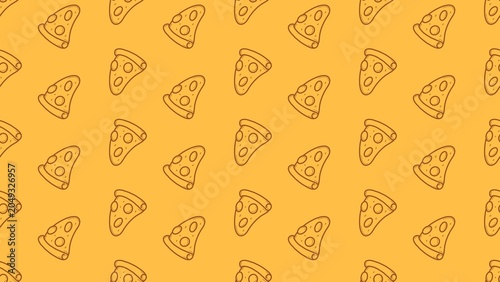 Seamless pattern background filled with outline illustrations of pizza slices on a solid yellow orange backdrop.