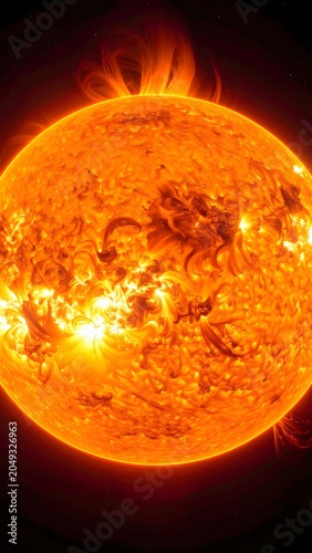 A vibrant orange sun with bright yellow highlights and dark spots