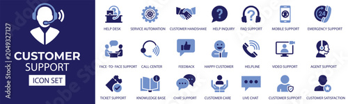 Customer service and support icon collection featuring help desk assistance , live chat assistance, call center communication and customer care solutions