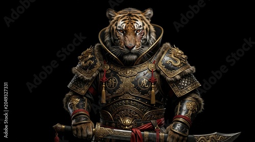A fierce tiger warrior wearing ornate golden armor and holding a sword.