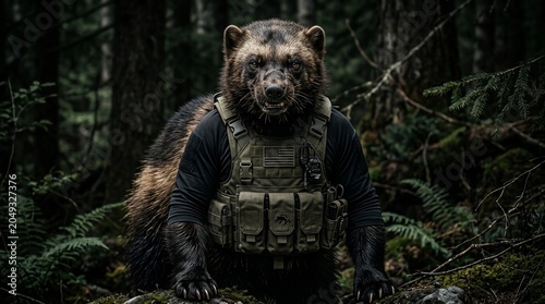 A fierce wolverine wearing a tactical military vest in a dark forest.