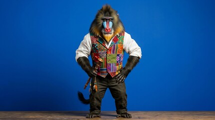 A humorous mandrill dressed in a colorful patterned vest standing against a bright blue background.