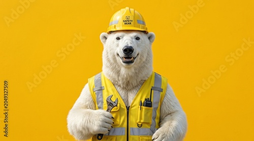 A funny polar bear wearing a construction worker uniform holding a wrench.