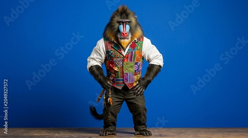 A humorous mandrill dressed in a colorful patterned vest standing against a bright blue background.