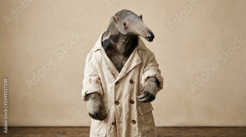 A humorous portrait of a giant anteater wearing a stylish beige trench coat.