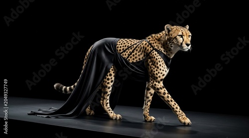 A majestic cheetah wearing a flowing black gown walking on a dark stage.
