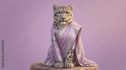 A majestic snow leopard sitting gracefully wearing a traditional elegant purple sari.