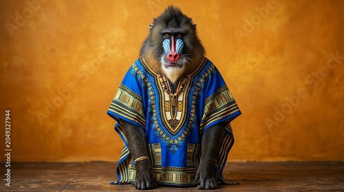 A majestic mandrill wearing a colorful traditional dashiki shirt.
