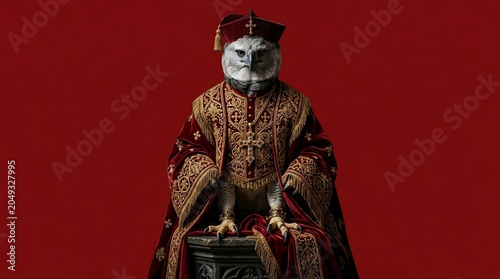 A majestic snowy owl dressed in regal medieval king attire.