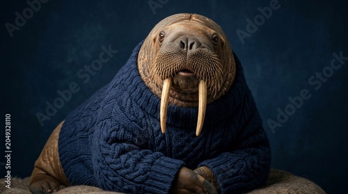 A majestic walrus wearing a cozy blue knitted sweater portrait.