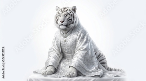 A Majestic White Tiger Wearing Traditional Royal Robes Sitting on a Pedestal.
