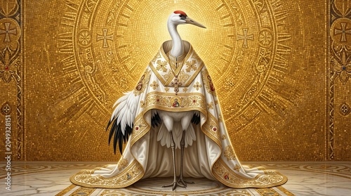A majestic white crane bird dressed in elaborate golden priestly religious robes.