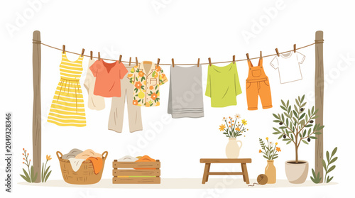 Clothes Hanging on a Line Outdoors.
