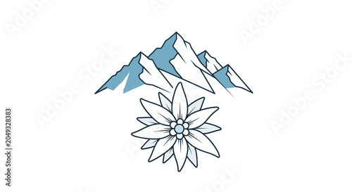 Minimalist Edelweiss Flower and Mountain Peaks Vector Illustration