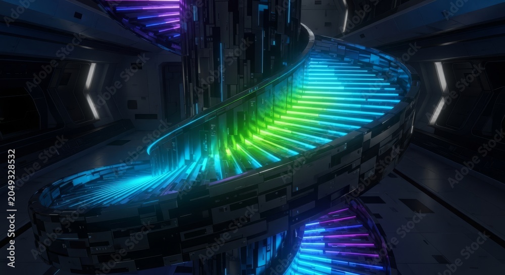 Obraz premium A futuristic spiral staircase built from bioluminescent materials and shifting metallic plates within a vast deep space vessel corridor, void, cosmic, atmospheric