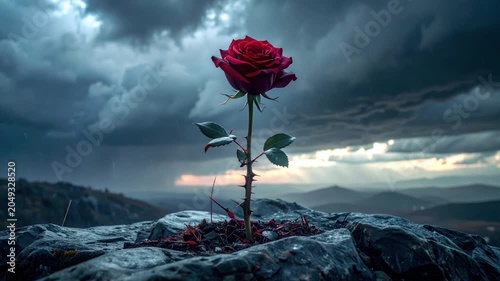 A single red rose thrives on a rocky outcrop under a stormy sky