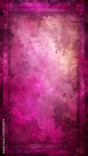 A vibrant pink and purple abstract artwork with a border