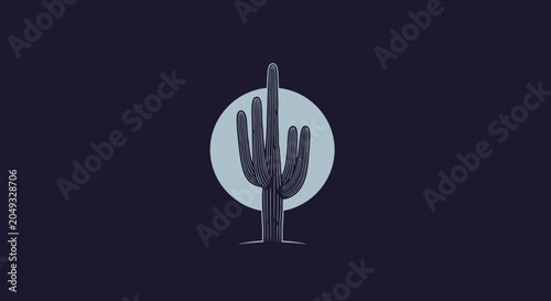 Tableau sur toile Saguaro Cactus Silhouette Against Pale Blue Circle on Dark Background