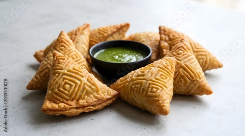 Traditional indian samosas with decorative patterns served with spicy green mint chutney on light background.