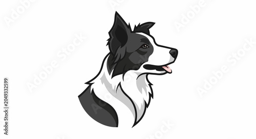 Stylized illustration of a black and white dog with its tongue out, facing right
