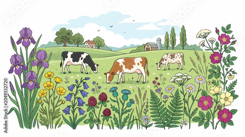 Bild auf Leinwand Cows grazing in a green meadow.
