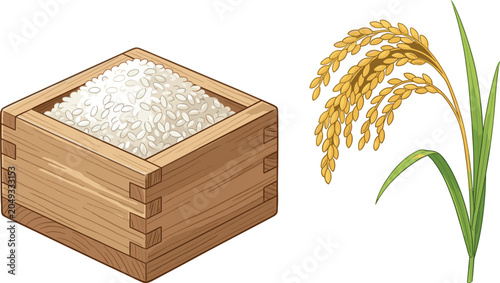 Cuadro en lienzo Wooden Box Filled with White Rice and Golden Rice Plant Stem Vector Illustration