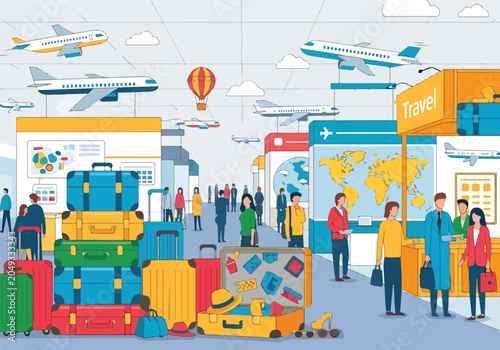 Photos A colorful travel scene with people, luggage, and planes