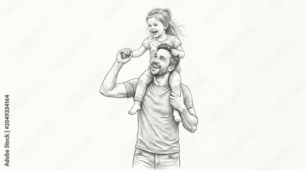 Fototapeta premium Pencil sketch drawing of a joyful father walking along a path while holding hands with his young daughter who is sitting high on his shoulders, white background.
