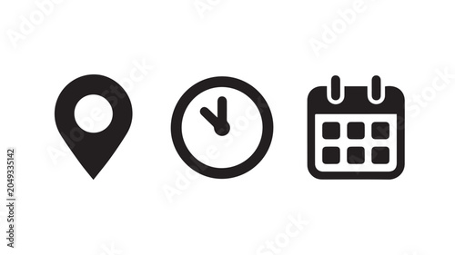 A graphic illustration of a map pin, clock, and calendar icons together