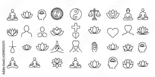 Meditation icons depict various yoga and mindfulness symbols on a white background