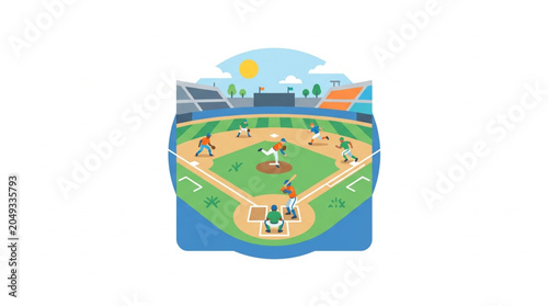 Fotografie Cartoon Baseball Field with Players in Action.