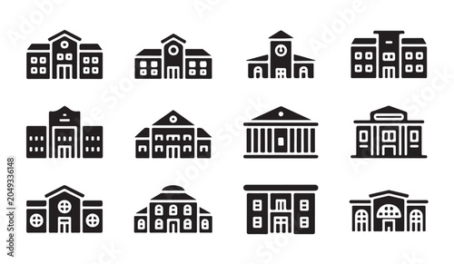 Assorted building icons for educational institutions and government buildings.
