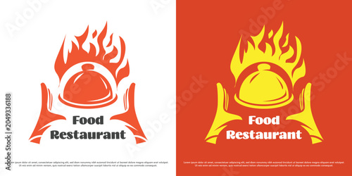 Hot food restaurant logo design illustration vector. Silhouette of hands holding serving cloche with fire. Spicy dining service icon symbol.